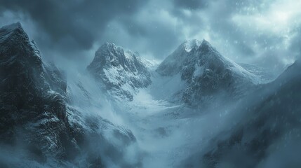 Obraz premium Serene Solitude: Enchanting Mountain Pass Blanketed in Snowstorm Isolation