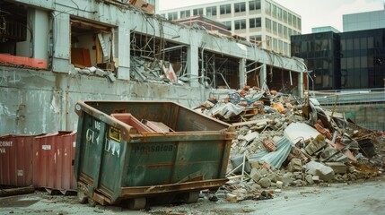 A cluttered demolition site with rubble and a large dumpster, showing the remnants of a torn-down building amid an urban landscape.