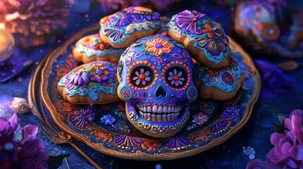Sugar Skull Cookies on a Vintage Plate - Floral Shadows Days Of The Dead - Vibrant and Symbolic Illustrations

