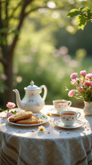 Fototapeta premium Kaffeetafel im Garten mit Gebäck