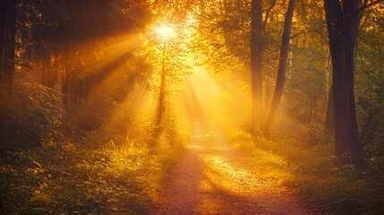 Obraz premium Radiant Golden Sunbeams Illuminating a Peaceful Forest Path Landscape