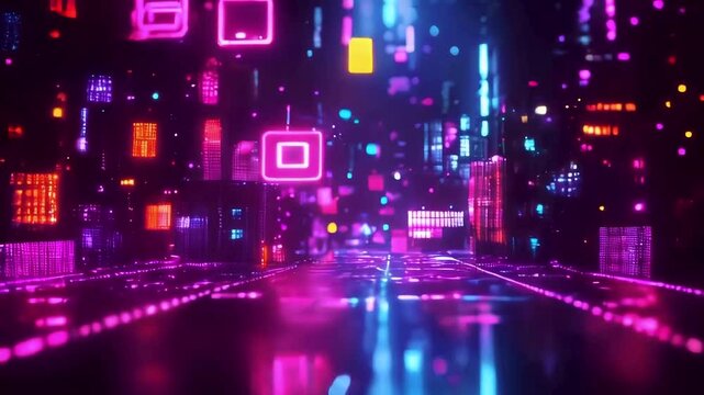 A dark abstract background with colorful, glowing game-inspired shapes, evoking a digital and futuristic atmosphere for tech and gaming.