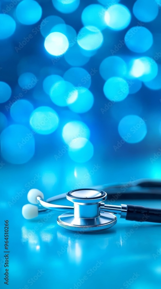 Wall mural a shiny stethoscope rests on a smooth surface, surrounded by soft blue bokeh lights, symbolizing hea