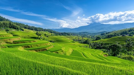 Fototapeta premium Serene Rice Terrace Landscape with Distant Mountains and Blue Sky