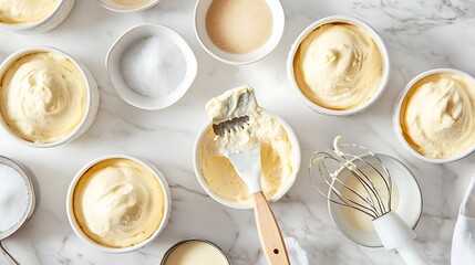 Whipped Cream Dessert Ingredients in Bowls on Marble Background