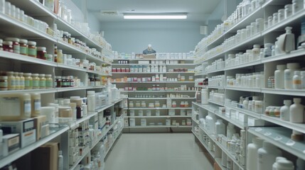 A well-stocked pharmacy with endless rows of medicine bottles, creating a sense of abundance and readiness.