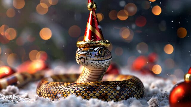A happy snake wearing a celebration party hat. New year or Birthday celebration