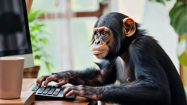 A monkey sits at a desk in front of a computer and works