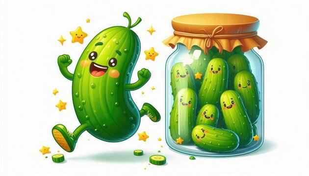 Playful cartoon pickle character running beside a jar full of happy pickles, perfect for food-related projects, children's designs, or fun packaging.