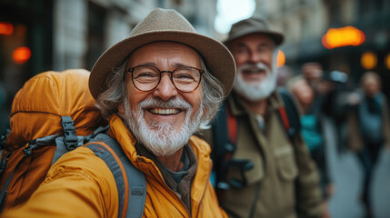 Obraz premium A senior man, equipped with a backpack and trekking gear, smiles as he takes a selfie with his friends in an outdoor setting, amidst nature's serene beauty, highlighting the joy of adventure at any ag