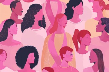 a diverse group of people coming together to support breast cancer awareness. colors that symbolize strength, hope, and unity, and incorporate the iconic pink ribbon in a creative way. vector art
