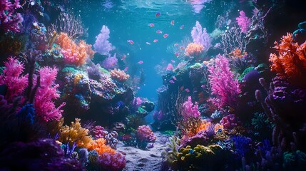 Fototapeta premium Mesmerizing Glowing Coral Reef Underwater Scene with Vibrant Colors and Marine Life