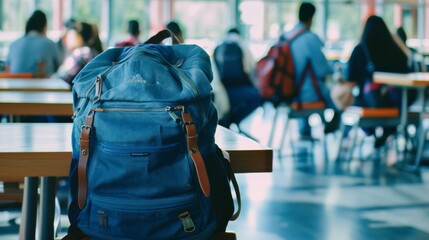 Inside a bustling study hall, a blue backpack rests on a wooden table as students engage in various activities, creating a lively academic atmosphere.