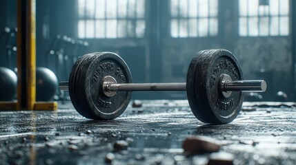 Close-up of a barbell loaded with weights, chalk dust visible on the bar, gritty gym floor in the background, photorealistic, intense detail.