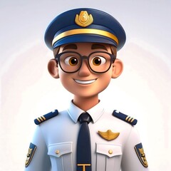 3D Render Cute Male Pilot in White Uniform with Glasses, Clean and Simple Design on Solid White Background