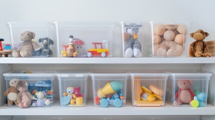 Transparent bins filled with an array of toys sit on shelves, creating an organized, inviting space in a children’s play area.