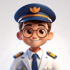 3D Render Cute Male Pilot in White Uniform with Glasses