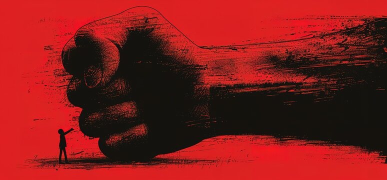 A small person stands before a giant fist, symbolizing power and oppression. The red background emphasizes the intensity of the scene.