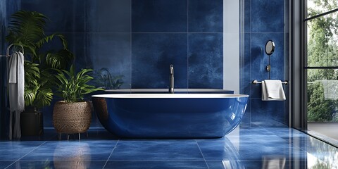 Modern bathroom with a blue bathtub and plants in a blue tiled room.