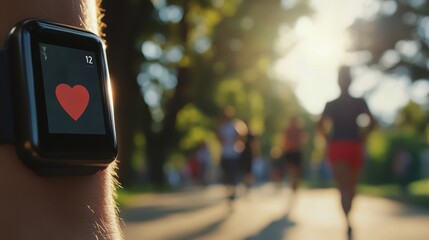 Fototapeta premium Close-up of a smartwatch showing heart rate, with a blurred background of people jogging in a park, photorealistic, high contrast, modern technology.