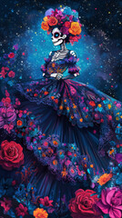 Fototapeta premium Graceful Calavera in Floral Dress. Floral Shadows Days Of The Dead - Vibrant and Symbolic Illustrations 