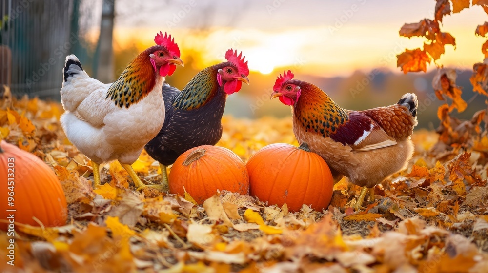 Wall mural chickens in autumnal setting with pumpkins, colorful leaves, countryside ambiance, rural farm scene,