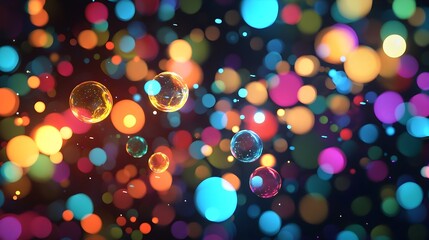 Naklejka premium Glowing Rainbow Bubbles Floating in Mystical Dark Space Dreamscape