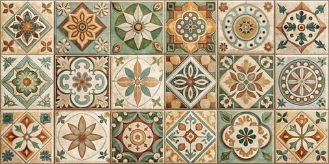 Retro ceramic tile designs with geometric elements in muted colors