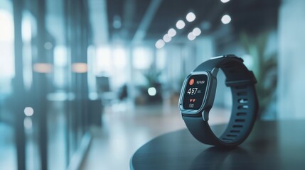 Detailed shot of a fitness tracker displaying steps and mindfulness reminders, blurred modern office space in the background, soft lighting.