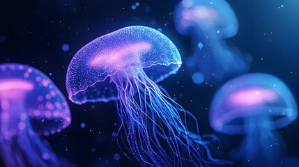 Glowing Bioluminescent Sea Creatures in Mysterious Deep Ocean Ecosystem