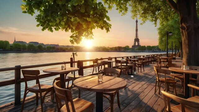 A comfortable atmosphere in an aesthetic cafe restaurant on the banks of a large river with a view of the Eiffel Tower at sunset. Seamless 4K looping timelapse video animation background