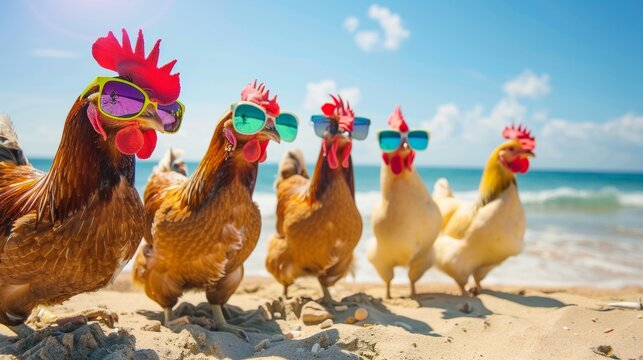 Chickens wearing colorful sunglasses, enjoying sunny beach, grouped together in the sand, summertime fun concept