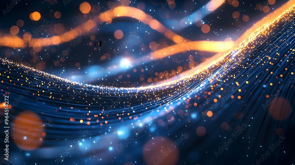 Poster swirling glowing fiber optic strands in abstract futuristic patterns of dynamic digital light