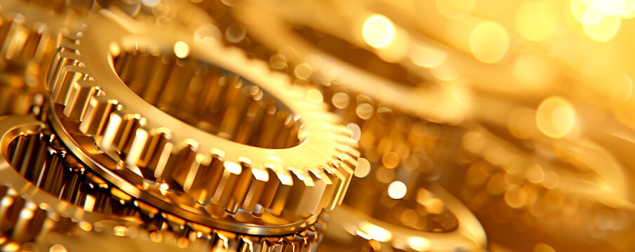 A close up of a bunch of gold gears. The gears are all different sizes and are arranged in a way that they look like they are all connected. Concept of complexity and precision
