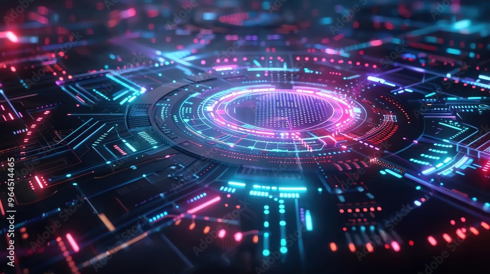 Poster futuristic abstract technology background with colorful glowing lights and intricate circuit pattern