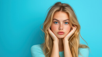 Fototapeta premium Young blonde woman resting her face on her hands, wearing a pastel blue shirt, set against a matching blue background, with a calm and thoughtful expression.