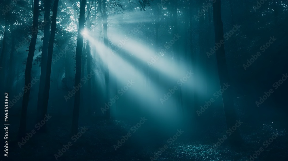 Poster glowing light beams break through misty forest atmosphere creating mysterious and captivating