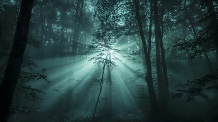 Obraz premium Glowing Light Beams Piercing Through Mystical Fog in Enchanted Forest Landscape