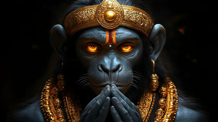 A majestic monkey figure adorned with gold jewelry, symbolizing spirituality and reverence.