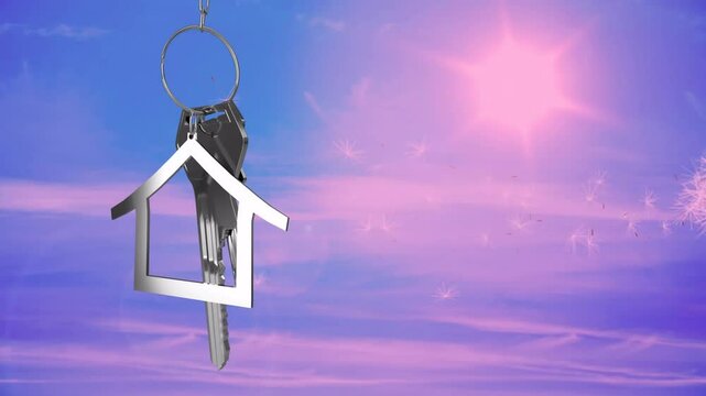 Animation of silver key and house with fulness text over sun and dandelion clock