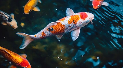 Glowing Koi Fish Swimming in Tranquil Dark Pond Creating Ethereal Aquatic Scene