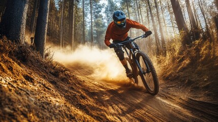 Adrenaline Rush: Mountain Biker Speeding Through Rugged Trail with Dust Clouds Amidst Forest Trees