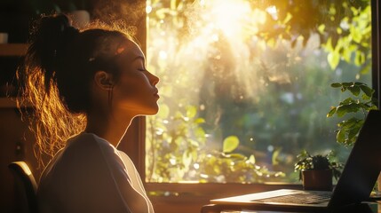 A person taking deep breaths at their desk, eyes closed, sunlight hitting their face, blurred greenery outside the window, photorealistic.