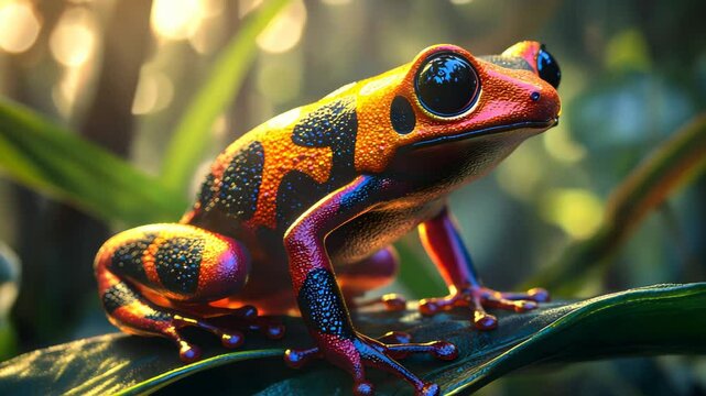 A close-up of a red and yellow poison dart frog sitting on a green leaf.