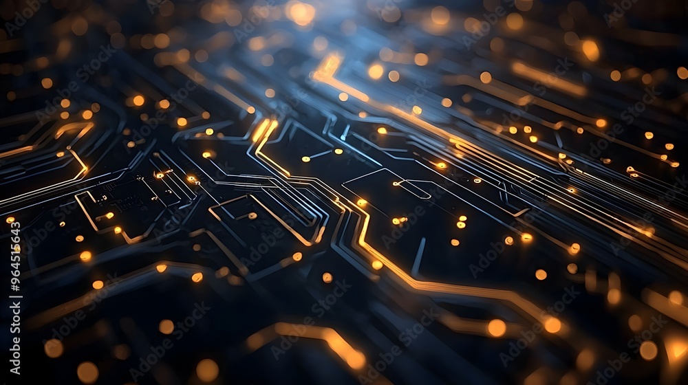Poster Glowing Circuit Patterns on Dark Background Symbolizing Technology and Innovation