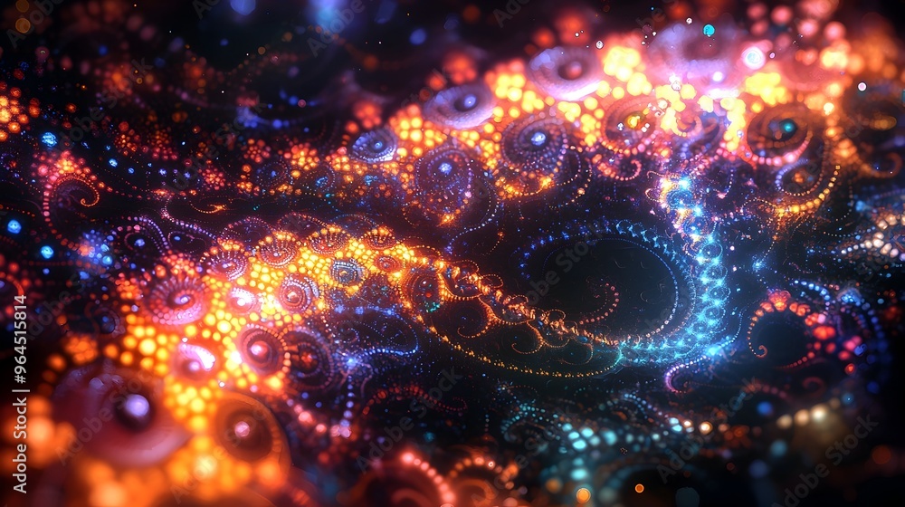 Poster mesmerizing fractal patterns emit glowing ethereal energy in dynamic digital art piece