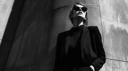 Monochrome outfit modern urban fashion sleek textures strong contrast dynamic poses high-fashion photography editorial street style