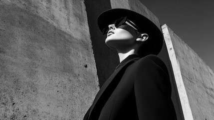 Monochrome outfit modern urban fashion sleek textures strong contrast dynamic poses high-fashion photography editorial street style