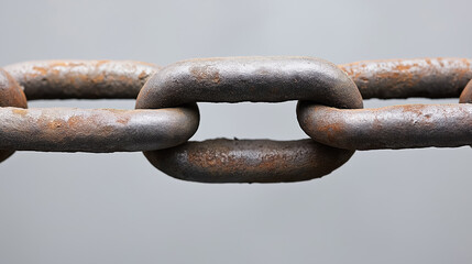 Fototapeta premium Close-up of a rusty metal chain with textured links, symbolizing strength, durability, and connection, set against a neutral background.