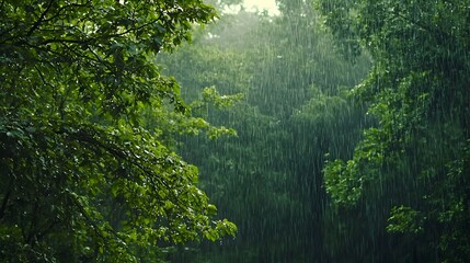 Obraz premium Gentle Rain Falling on Lush Green Forest,Peaceful Nature's Tranquility